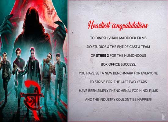 YRF congratulates Dinesh Vijan and team for Stree 2's 'humongous success'!