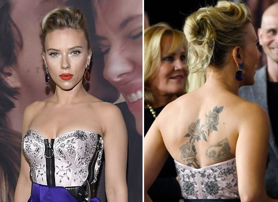 Scarlett Johansson dazzles in purple with huge back tattoo at her film's premiere!